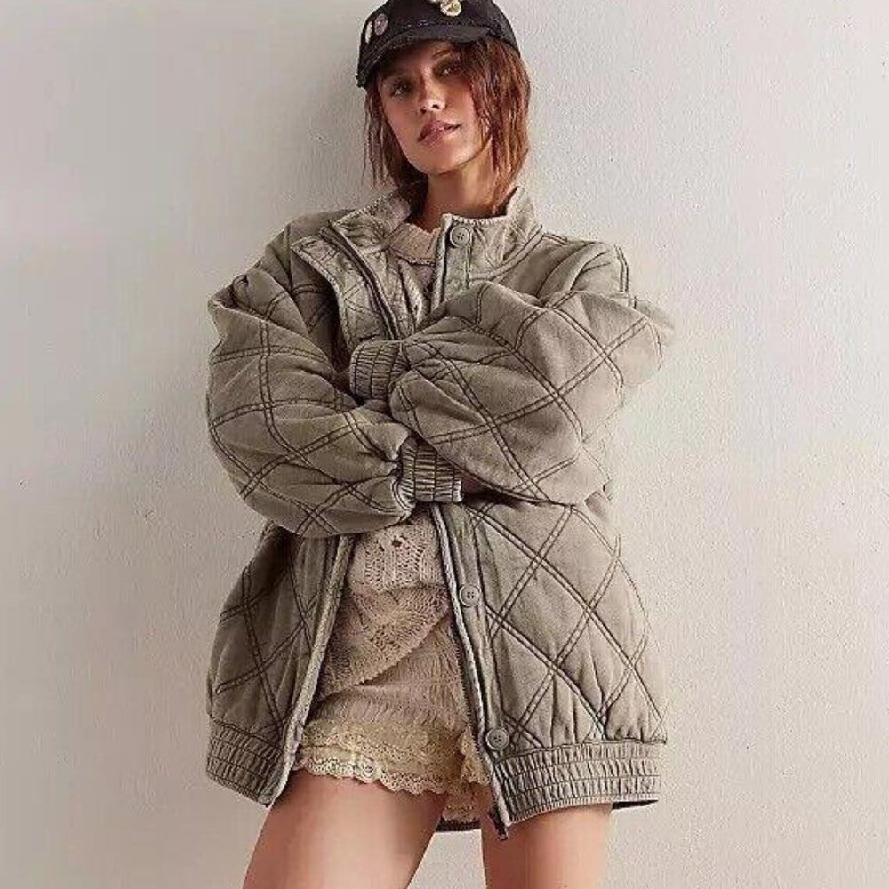 Free People Juno Quilted Jacket Top Bomber Oversized Buttondown Cotton XS 274237